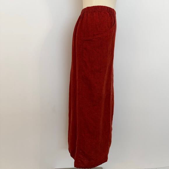 FLAX Linen Midi Skirt Patch Pockets with Back Slit Brick Red L - Picture 4 of 10